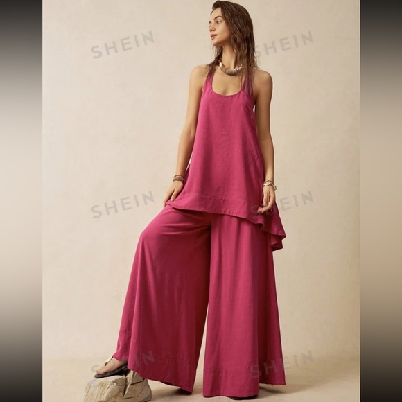 SHEIN Pants - Two Piece Pink Linen Feel Halter Top And Flowy Wide Leg Pants XL